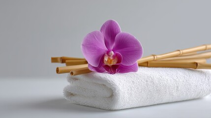 Delicate Orchid Flower on Soft Towel with Bamboo Sticks for Spa and Relaxation Ambiance