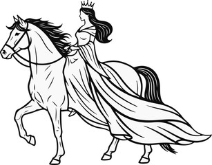Abstract Black Silhouette of a Majestic Queen Riding a Horse with Fine Detailed Lines