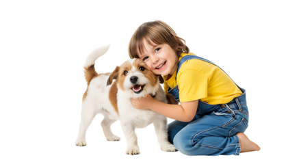Happy child hugging a dog isolated on transparent background