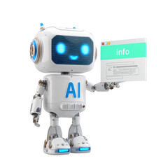 Friendly AI Robot with Information Sign on Transparent Background