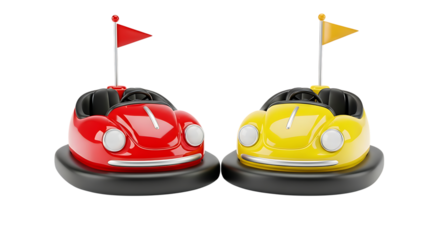 Two bumper cars, red and yellow, facing each other isolated on transparent background