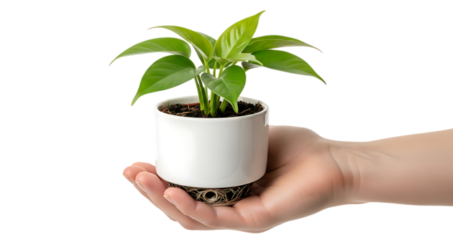 A persons hand gently holding a small potted green plant with lush leaves, isolated on transparent background