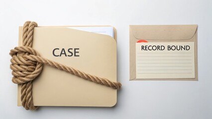 Beige document folder with rope and envelope labeled record bound for organization and documentation in workplace setting