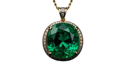 Gold necklace with emerald pendant, diamonds, and chain