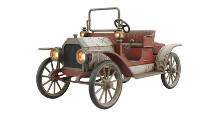 Vintage red car with weathered metal finish, isolated on transparent background