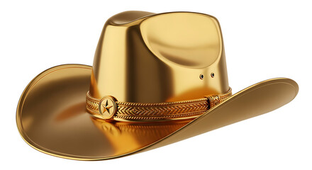 Shiny golden cowboy hat with a decorative band and buckle, isolated on transparent background