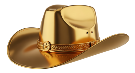 Shiny golden cowboy hat with a decorative band and buckle, isolated on transparent background