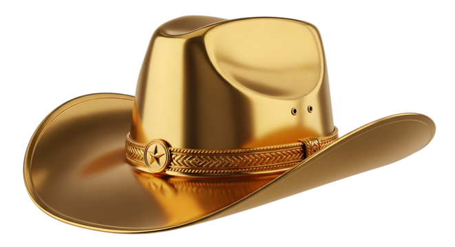 Shiny golden cowboy hat with a decorative band and buckle, isolated on transparent background