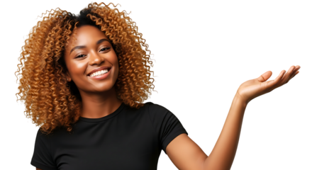 Young black woman with curly hair smiling and gesturing with her hand, isolated on transparent background