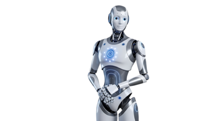 Humanoid robot standing with hands clasped in front, isolated on transparent background