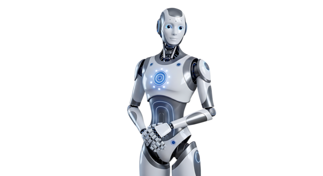 Humanoid robot standing with hands clasped in front, isolated on transparent background