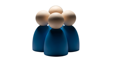Four blue peg people figures grouped together isolated on transparent background