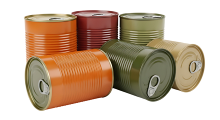 Group of assorted tin cans with pull tabs, isolated on transparent background