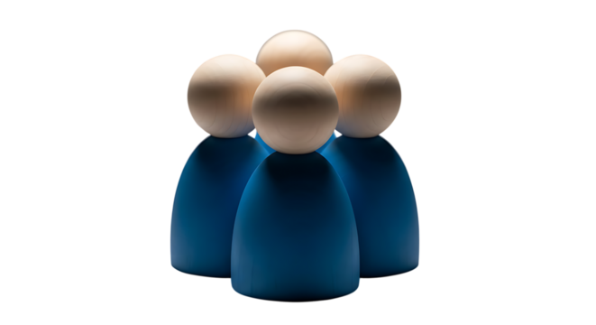 Four blue peg people figures grouped together isolated on transparent background