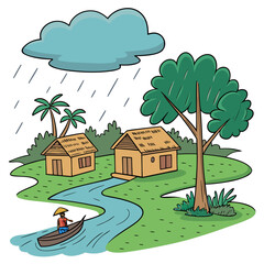 A person in a boat navigates a river through a village during a rain shower under a cloudy sky