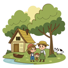 Naklejka premium Charming cartoon family in straw hats and overalls with a farmhouse boat cow and trees in a vibrant rural landscape
