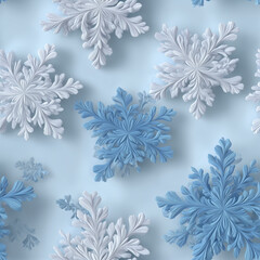Realistic 3D Icy Blue and White Snowflake Seamless Pattern..