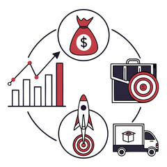 Business growth cycle illustrating financial investment strategic planning product launch and delivery of goods and services