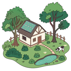 Charming cartoon illustration of a quaint cottage with solar panels on the roof surrounded by lush greenery and a small pond
