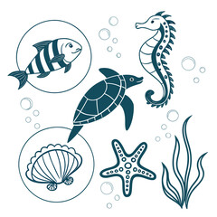 Charming collection of stylized marine life including a fish sea turtle seahorse seashell starfish seaweed and bubbles
