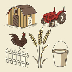 Charming illustration of farm elements including a barn red tractor rooster wheat stalks wooden fence and a bucket of milk on a light background