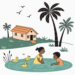 Children playing in a pond with ducks near a tropical house and palm trees under a sky with birds