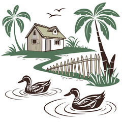 Charming illustration of two ducks swimming in a pond near a quaint house with palm trees and a wooden fence