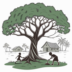 Children playing and working under a large tree in a rural village with simple houses and palm trees