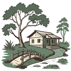 Charming rustic cottage nestled beside a gentle stream with a wooden bridge and lush trees in a serene landscape