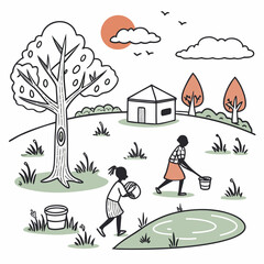 Children playing in a rural village with a house a large tree and a pond under a warm sun