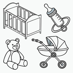 Collection of baby essentials including a crib teddy bear baby bottle and stroller presented as simple line art illustrations on a white background