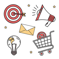 Collection of business and marketing icons including a target with arrow megaphone lightbulb envelope and shopping cart with checkmark