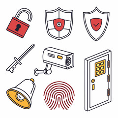 Collection of security and protection icons including a padlock shields surveillance camera door with keypad bell and fingerprint