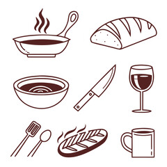 Collection of simple line art icons representing food and kitchen items including a steaming pan bread soup knife wine glass utensils steak and mug