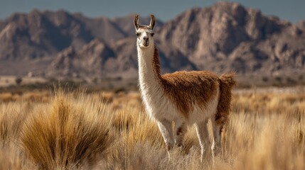Obraz premium Llama standing in a grassy field with mountains in the background