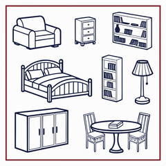 Collection of simple line art furniture icons including a bed armchair cabinets bookshelves table and chairs and a lamp
