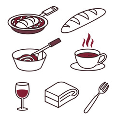 Collection of stylized food and drink icons including a frying pan with food a loaf of bread a bowl with sauce a cup of hot coffee a glass of red wine a stack of towels and a fork