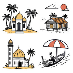 Collection of stylized tropical island scenes featuring mosques stilt houses palm trees and a person in a boat under an umbrella