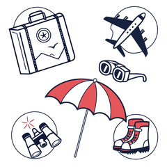 Collection of travel and adventure icons including a suitcase airplane binoculars umbrella and hiking boots for vacation planning
