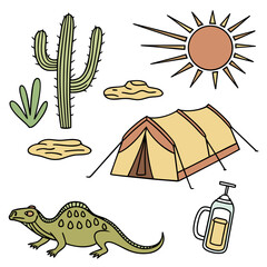 Desert camping adventure with a dinosaur cactus tent sun and canteen illustration for kids