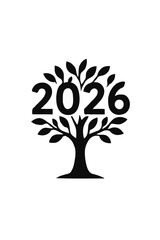 Stylized tree silhouette with year 2026 integrated into trunk and branches. Solid black vector on transparent background, symbolizing growth, time, renewal, and new year celebration.