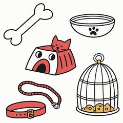 Cute cartoon illustration of a dog bone cat house with cat pet bowl bird cage with food and a dog collar with leash on white background