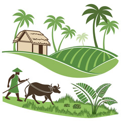 Farmer with water buffalo plowing field near tropical hut and palm trees rice paddy agriculture