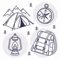 Hand drawn camping icons including a tent mountains compass lantern and backpack with small trees scattered around