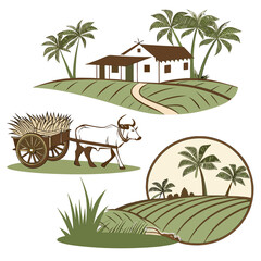 Traditional rural indian village scene with a bullock cart carrying harvest and a hut surrounded by palm trees and cultivated fields
