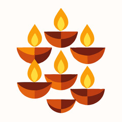 Vector illustration of seven glowing diyas in a circular pattern. Warm orange-brown lamps with yellow flames, festive Diwali decoration, symbolizing light, celebration, and positivity.