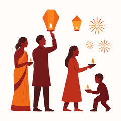 Vector illustration of a family celebrating Diwali with diyas, lanterns, and fireworks. Silhouetted figures in traditional attire, warm festive tones, transparent background, joyful celebration.