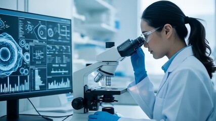 Focused scientist diligently uses microscope alongside modern scientific visuals on screen - Powered by Adobe