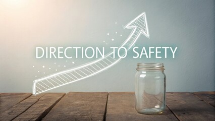 Clear Direction to Safety with Arrow Illustration and Empty Jar on Wooden Table to Symbolize Guidance and Potential