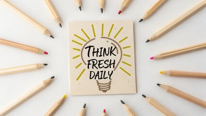 Creative illustration of light bulb with motivational quote surrounded by colored pencils on white background